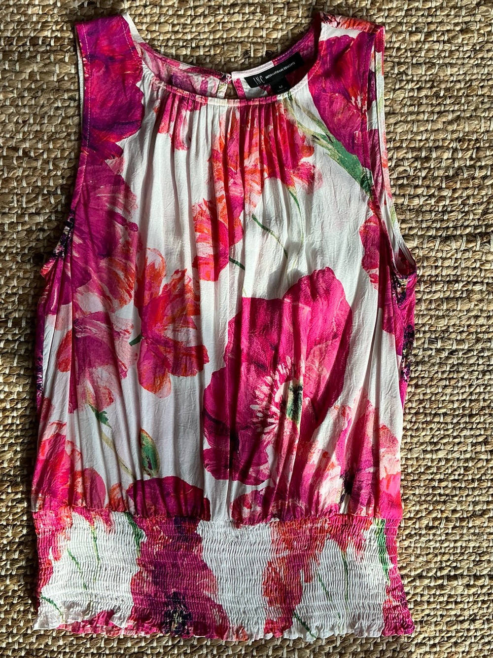 INC Sleeveless Vibrant Floral Top With Smocked Waistband Women’s Size Medium